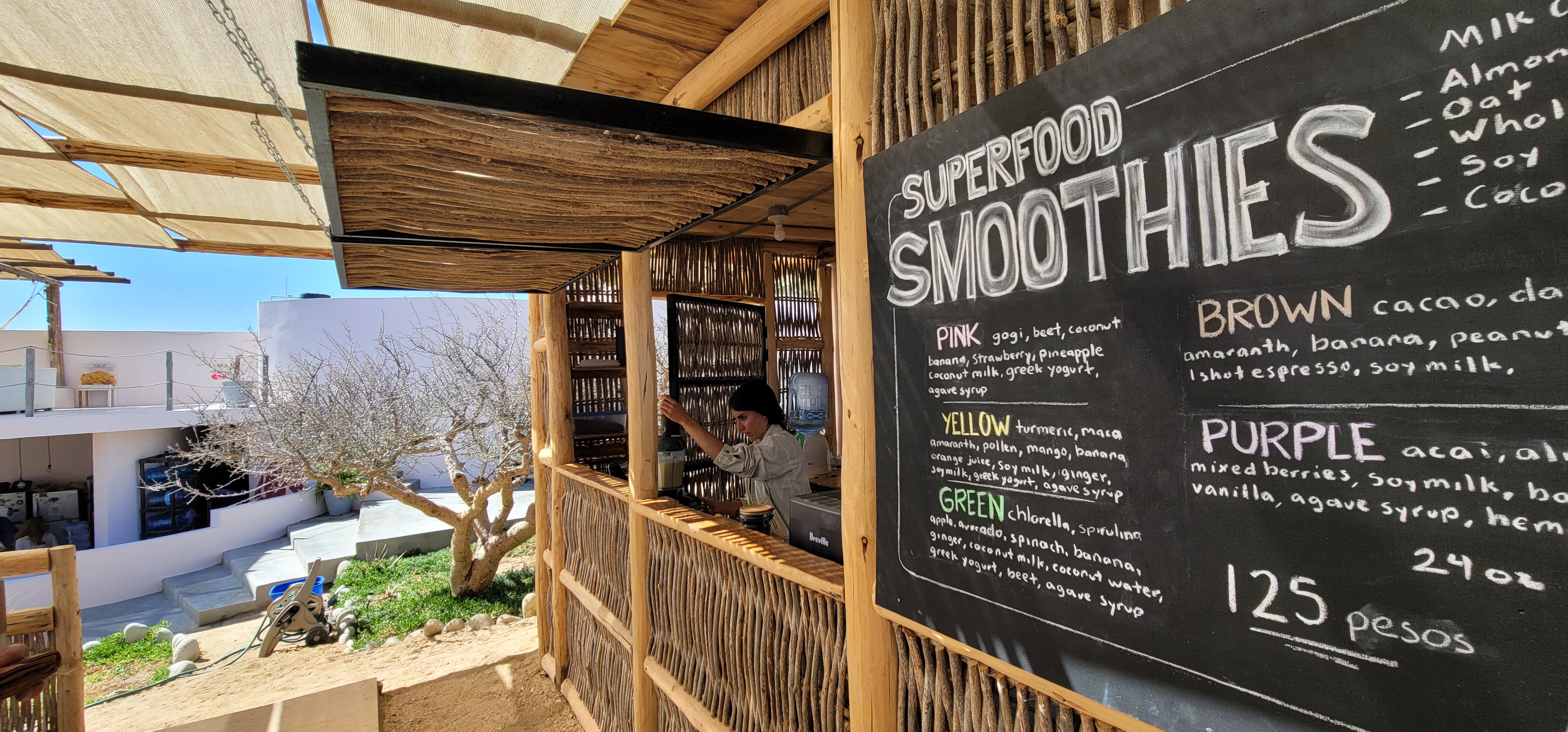 In-house smoothie bar at La Ventana Hostel serving fresh fruit and superfood blends