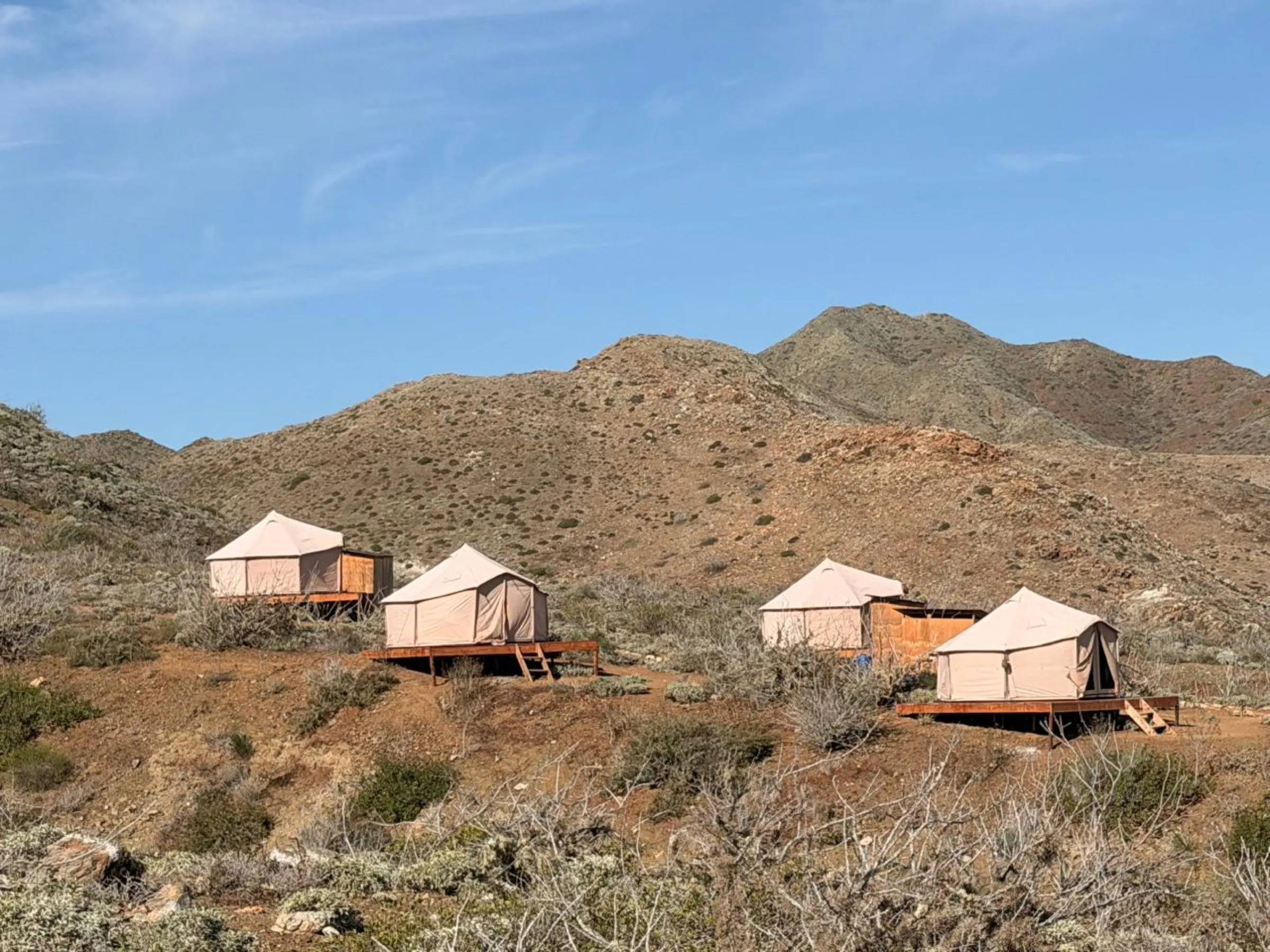 Canvas glamping tents on the hillside at the Magdalena Bay camp