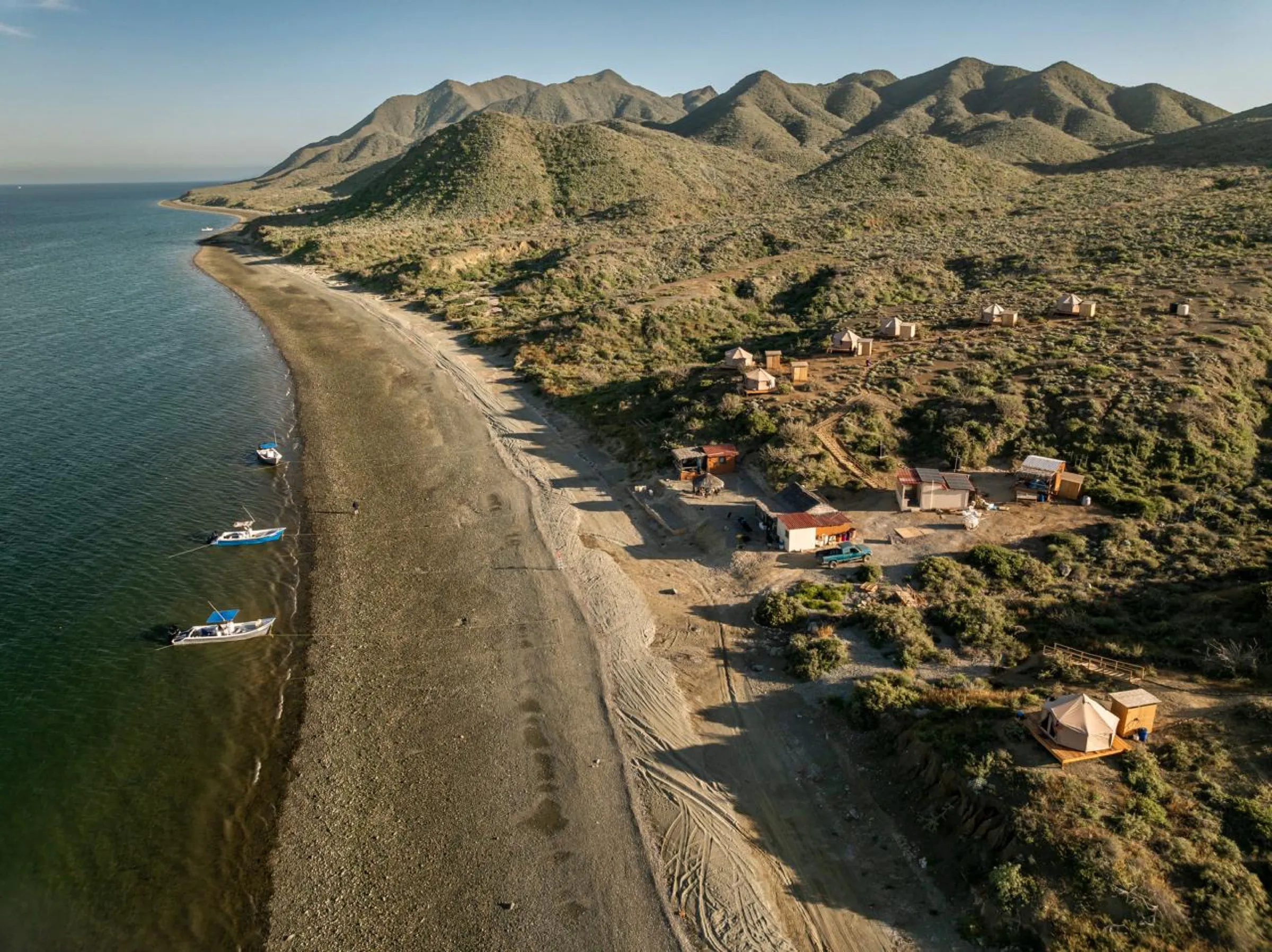 Aerial view of the island camp and beach in Magdalena Bay
